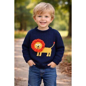 Vintage 90s GF Collection Boys Sweater Sz 3T Navy Blue Shaggy Lion Roll Neck
